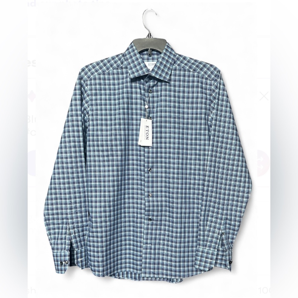 Eton Fine Twill Cotton Button Down Checkered Slim Shirt Size L